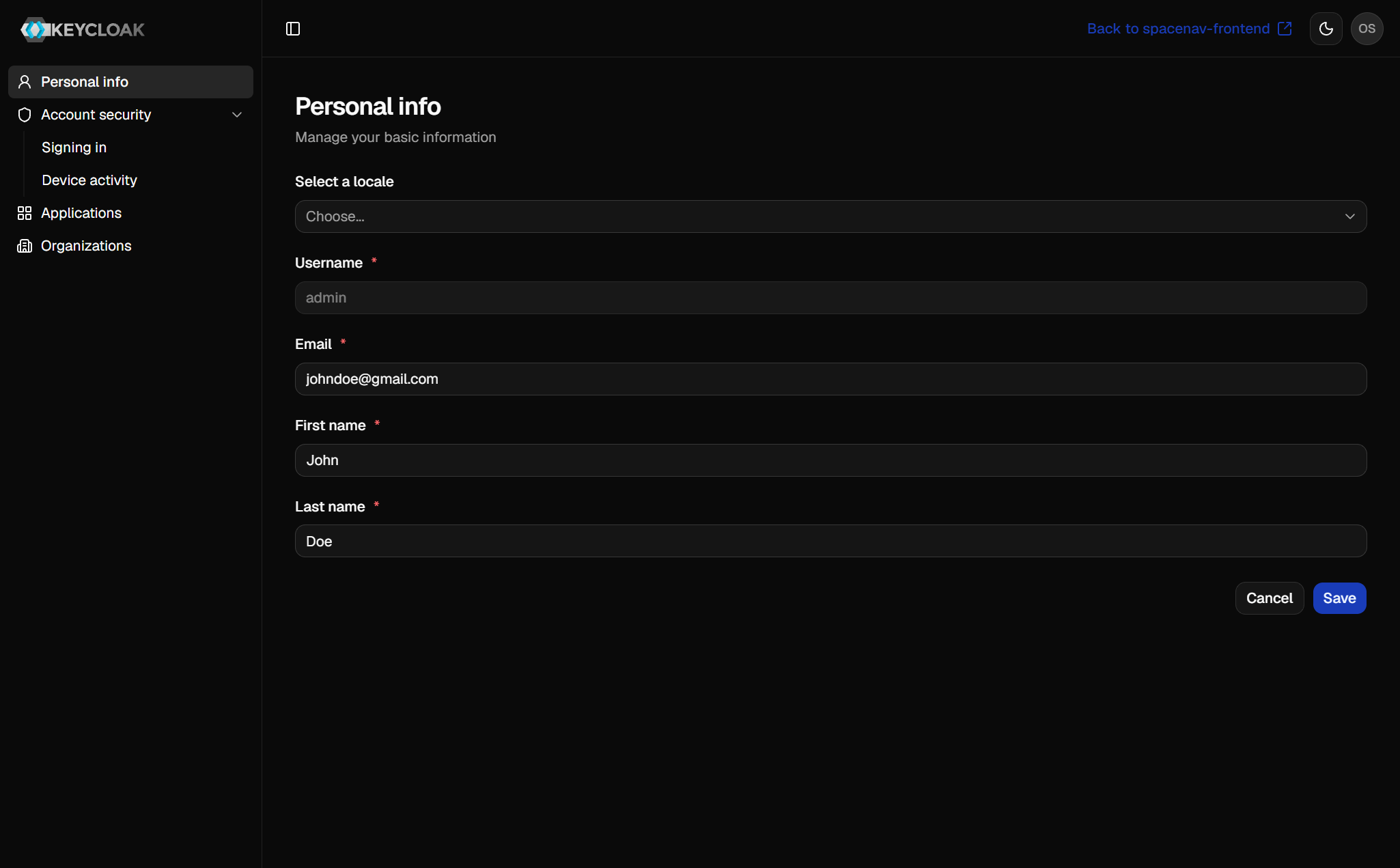 Account theme, personal info page