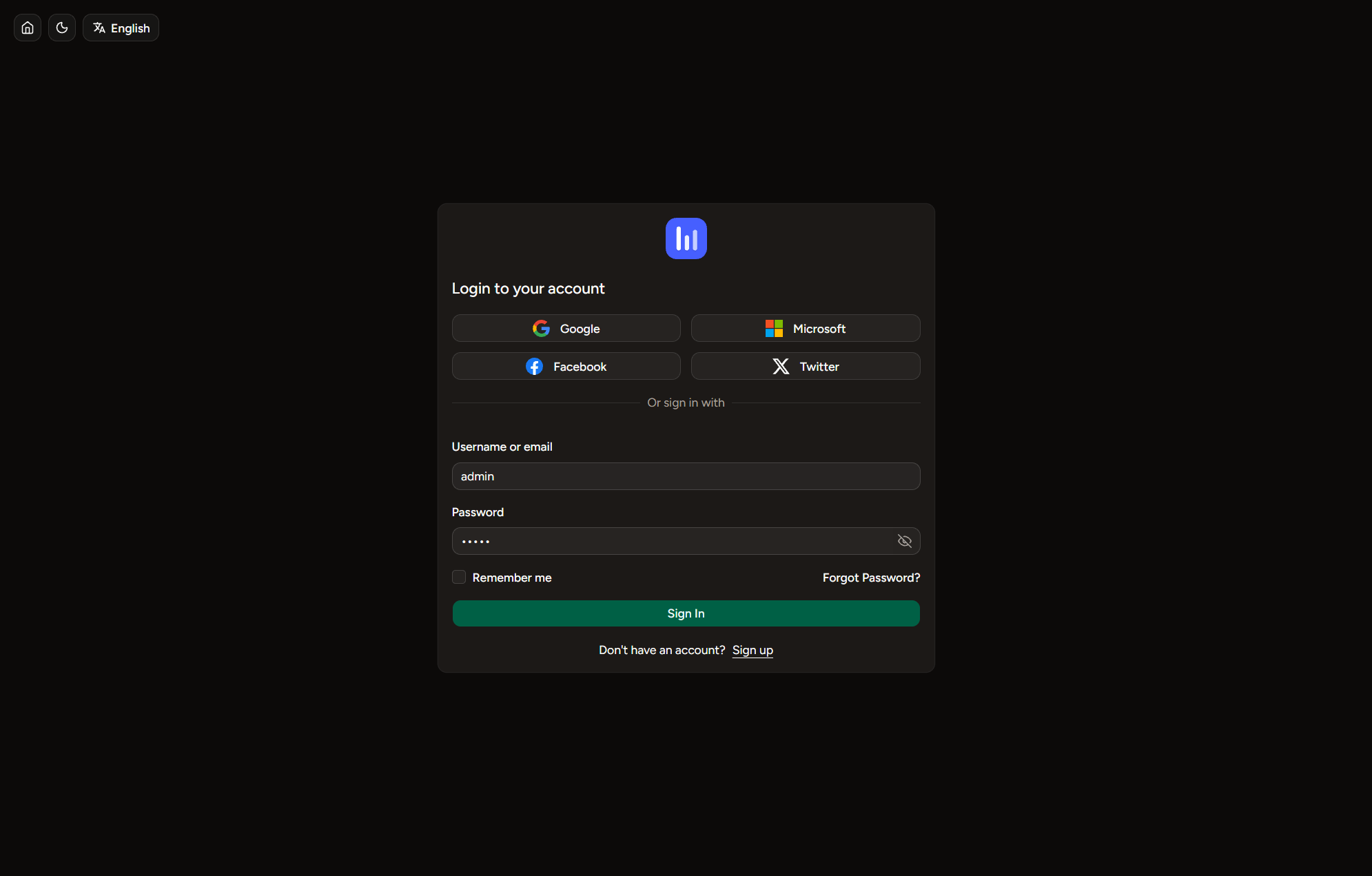Login page, centered card layout